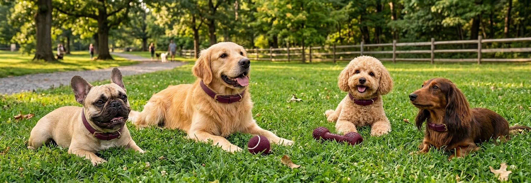 Happy, healthy dogs relaxing together outdoors, wearing burgundy collars