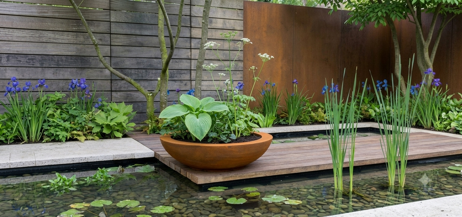 A tranquil garden with a pond and lush plantings