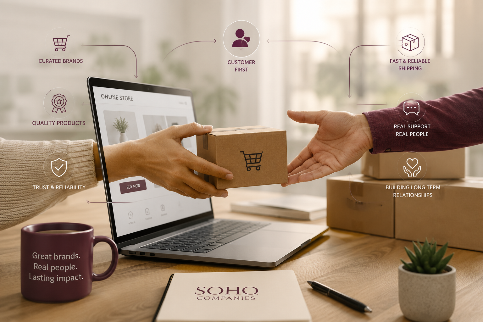 A SoHo Companies e-commerce package handoff, surrounded by icons for curated brands, quality products, and reliable shipping